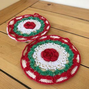 Red 3D Rose with Green & Cream Backing Crocheted Pot Holder Set of 2 Hand Made